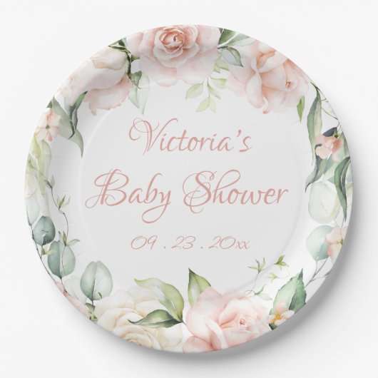 Blush Pink Floral gepersonaliseerd Baby shower Papieren Bordje (Voorkant)