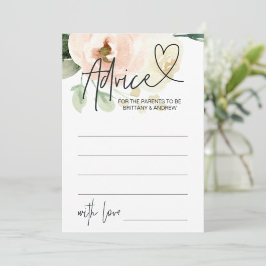 Blush Pink Floral Girl Baby shower Advice Card Kaart (Staand voorkant)