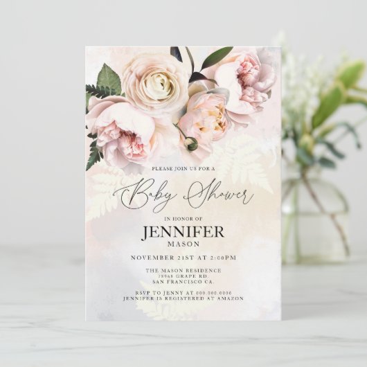 Blush Pink Floral Girl Baby shower Invitation Kaart (Staand voorkant)