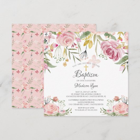 Blush Pink Floral Girl Baptisme Kaart (Voorkant / Achterkant)