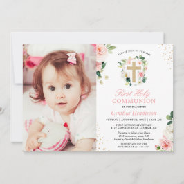 Blush Pink Floral Girl First Heilige Communfoto Kaart