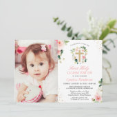 Blush Pink Floral Girl First Heilige Communfoto Kaart (Staand voorkant)