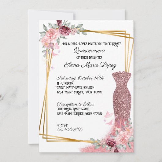 Blush Pink Floral Girly Quinceanera Invitation Kaart (Voorkant)