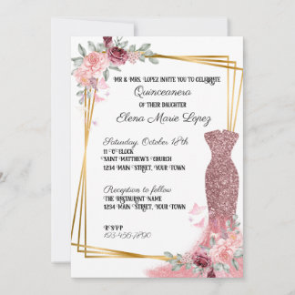 Blush Pink Floral Girly Quinceanera Invitation Kaart