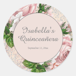 Blush Pink  Floral Glitter Quinceañera Ronde Sticker