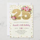 Blush Pink Floral Gold 25th Birthday Invitation Kaart (Voorkant)