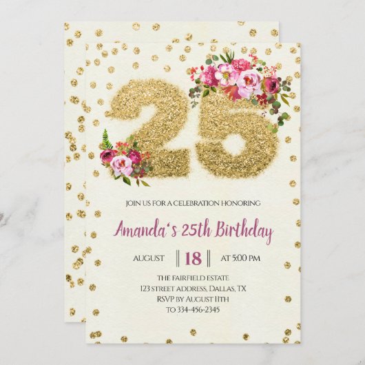 Blush Pink Floral Gold 25th Birthday Invitation Kaart (Voorkant / Achterkant)