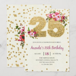 Blush Pink Floral Gold 25th Birthday Invitation Kaart