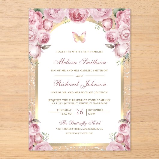 Blush Pink Floral Gold Arch Butterfly Wedding Acryl Uitnodigingen (Voorkant)