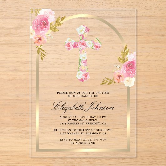 Blush Pink Floral Gold Arch doop Acryl Uitnodigingen (Voorkant)