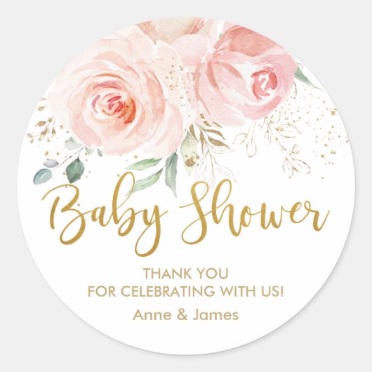 Blush Pink Floral Gold Baby shower Dank u voor uw  Ronde Sticker (Voorkant)