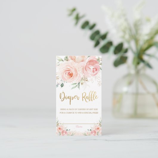 Blush Pink Floral Gold Baby shower Diaper affle Informatiekaartje (Staand voorkant)