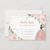 Blush Pink Floral Gold Baptisme Christening Reply RSVP Kaartje (Voorkant)