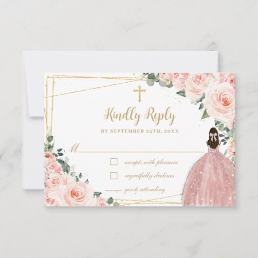 Blush Pink Floral Gold Baptisme Christening Reply RSVP Kaartje (Voorkant)