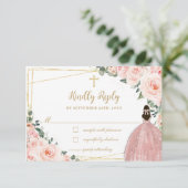 Blush Pink Floral Gold Baptisme Christening Reply RSVP Kaartje (Staand voorkant)