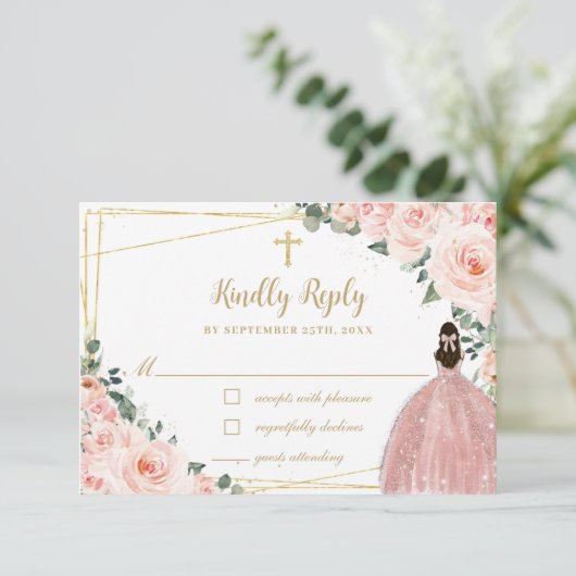 Blush Pink Floral Gold Baptisme Christening Reply RSVP Kaartje (Staand voorkant)