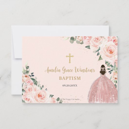 Blush Pink Floral Gold Baptisme Christening Reply RSVP Kaartje (Achterkant)