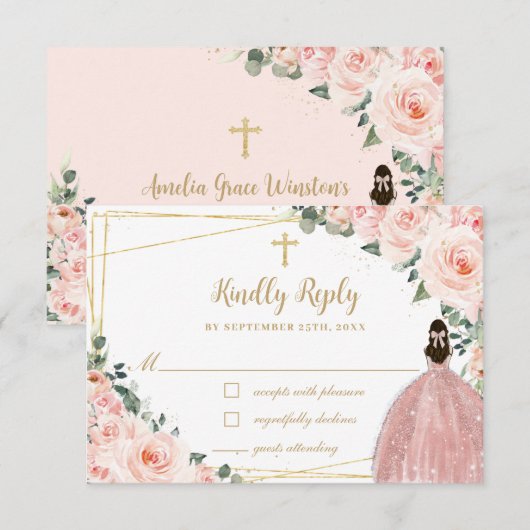 Blush Pink Floral Gold Baptisme Christening Reply RSVP Kaartje (Voorkant / Achterkant)