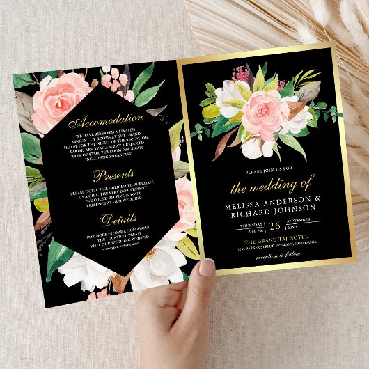Blush Pink Floral Gold Black QR Code Wedding
