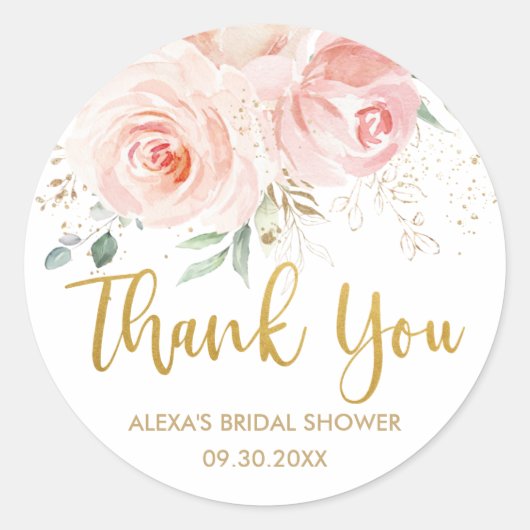 Blush Pink Floral Gold Bridal Baby shower Favor Ronde Sticker (Voorkant)