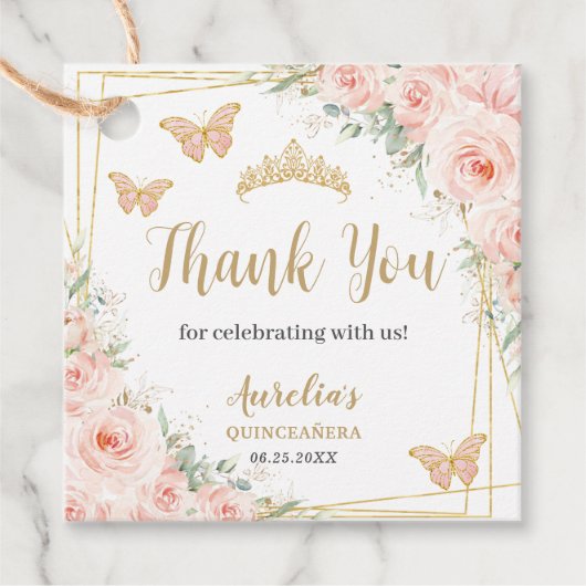 Blush Pink Floral Gold Butterfiles Quinceanera Bedankjes Labels (Voorkant)