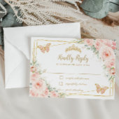 Blush Pink Floral Gold Butterflies Quinceañera RSVP Kaartje