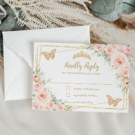 Blush Pink Floral Gold Butterflies Quinceañera RSVP Kaartje