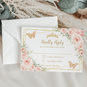 Blush Pink Floral Gold Butterflies Quinceañera RSVP Kaartje