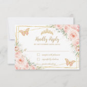 Blush Pink Floral Gold Butterflies Quinceañera RSVP Kaartje (Voorkant)