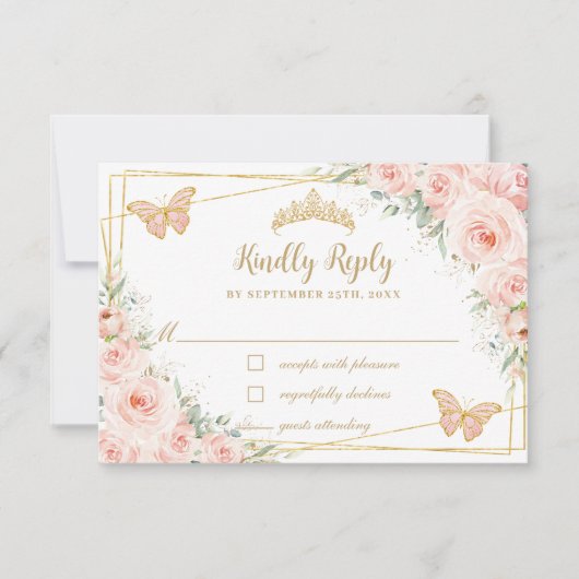 Blush Pink Floral Gold Butterflies Quinceañera RSVP Kaartje (Voorkant)