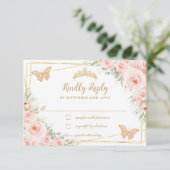 Blush Pink Floral Gold Butterflies Quinceañera RSVP Kaartje (Staand voorkant)
