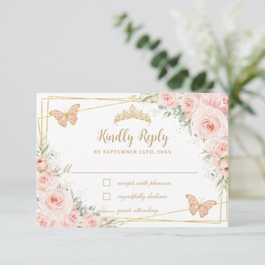 Blush Pink Floral Gold Butterflies Quinceañera RSVP Kaartje (Staand voorkant)