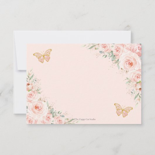 Blush Pink Floral Gold Butterflies Quinceañera RSVP Kaartje (Achterkant)