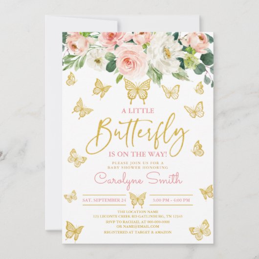 Blush Pink Floral Gold Butterfly Baby shower Kaart (Voorkant)