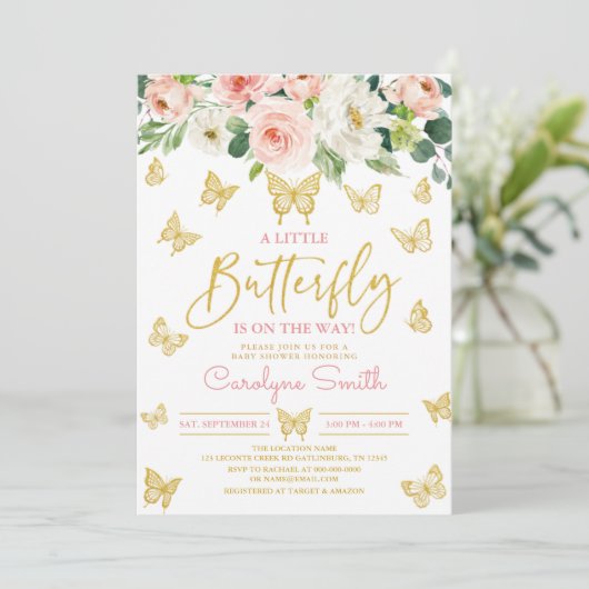 Blush Pink Floral Gold Butterfly Baby shower Kaart (Staand voorkant)