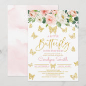 Blush Pink Floral Gold Butterfly Baby shower Kaart (Voorkant / Achterkant)