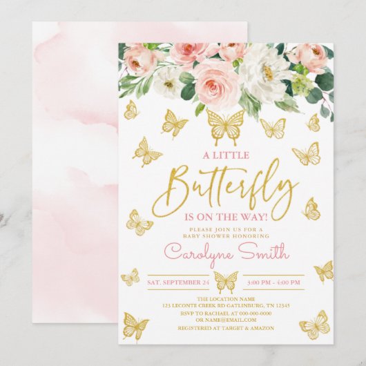 Blush Pink Floral Gold Butterfly Baby shower Kaart (Voorkant / Achterkant)