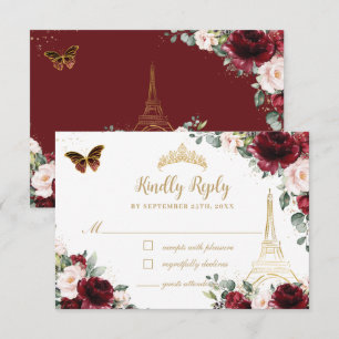 Blush Pink Floral Gold Butterfly Paris Quinceañera RSVP Kaartje