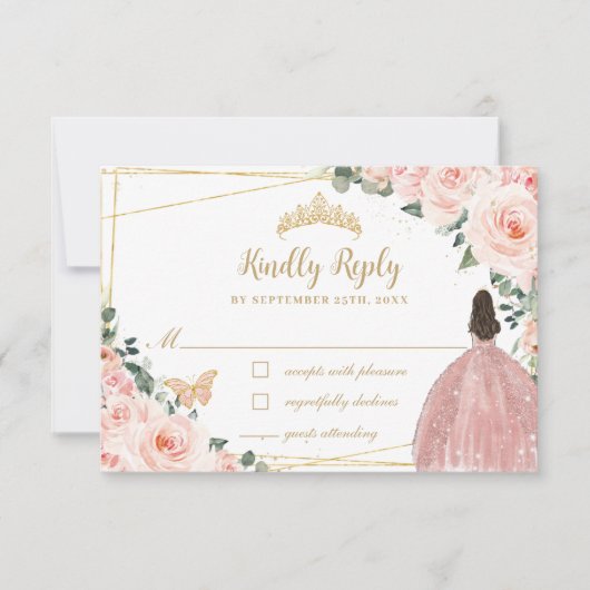 Blush Pink Floral Gold Butterfly Quinceañera Dress RSVP Kaartje (Voorkant)