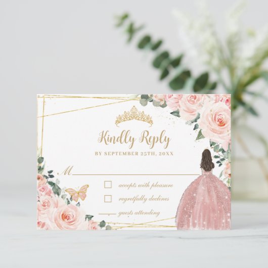 Blush Pink Floral Gold Butterfly Quinceañera Dress RSVP Kaartje (Staand voorkant)