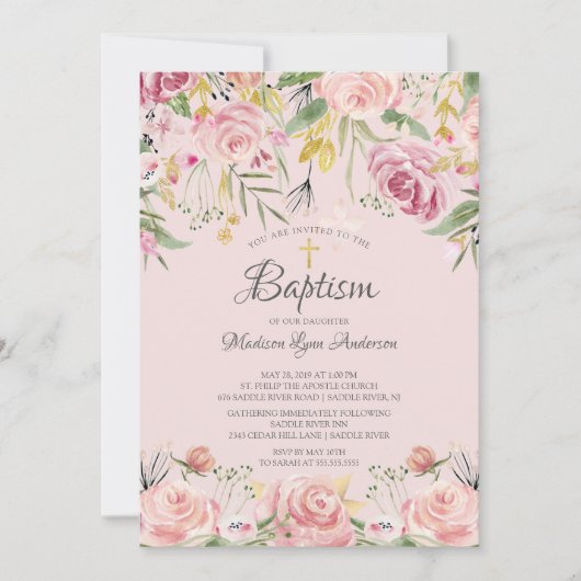 Blush Pink Floral Gold Cross Baptisme Kaart (Voorkant)