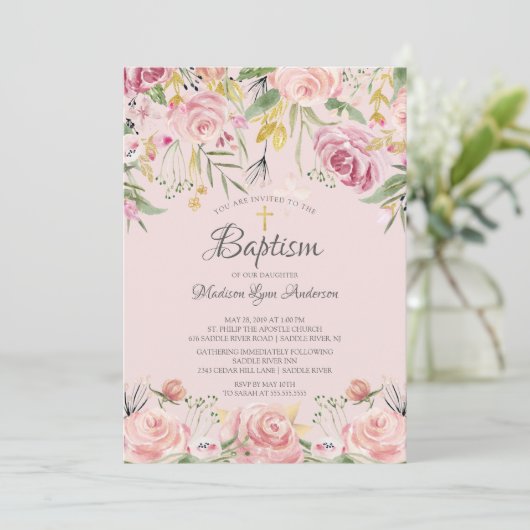 Blush Pink Floral Gold Cross Baptisme Kaart (Staand voorkant)