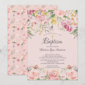 Blush Pink Floral Gold Cross Baptisme Kaart (Voorkant / Achterkant)