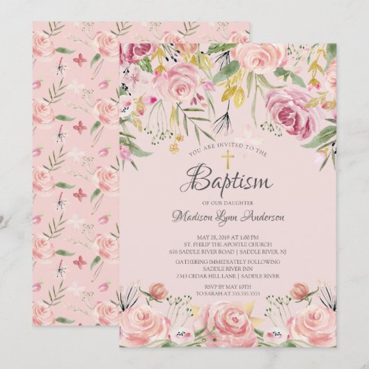 Blush Pink Floral Gold Cross Baptisme Kaart (Voorkant / Achterkant)