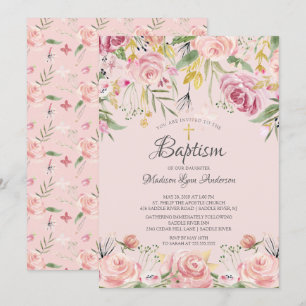 Blush Pink Floral Gold Cross Baptisme Kaart