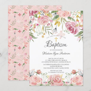 Blush Pink Floral Gold Cross Baptisme Kaart