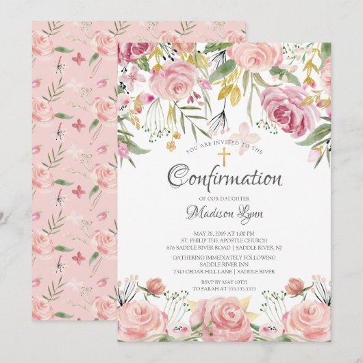 Blush Pink Floral & Gold Cross bevestiging Kaart (Voorkant / Achterkant)