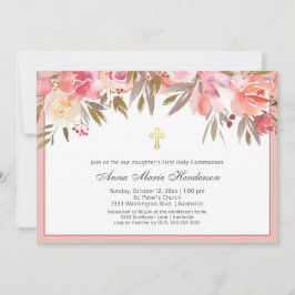 Blush Pink Floral Gold Cross First Heilige Communi Kaart