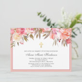 Blush Pink Floral Gold Cross First Heilige Communi Kaart (Staand voorkant)