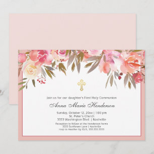 Blush Pink Floral Gold Cross First Heilige Communi Kaart